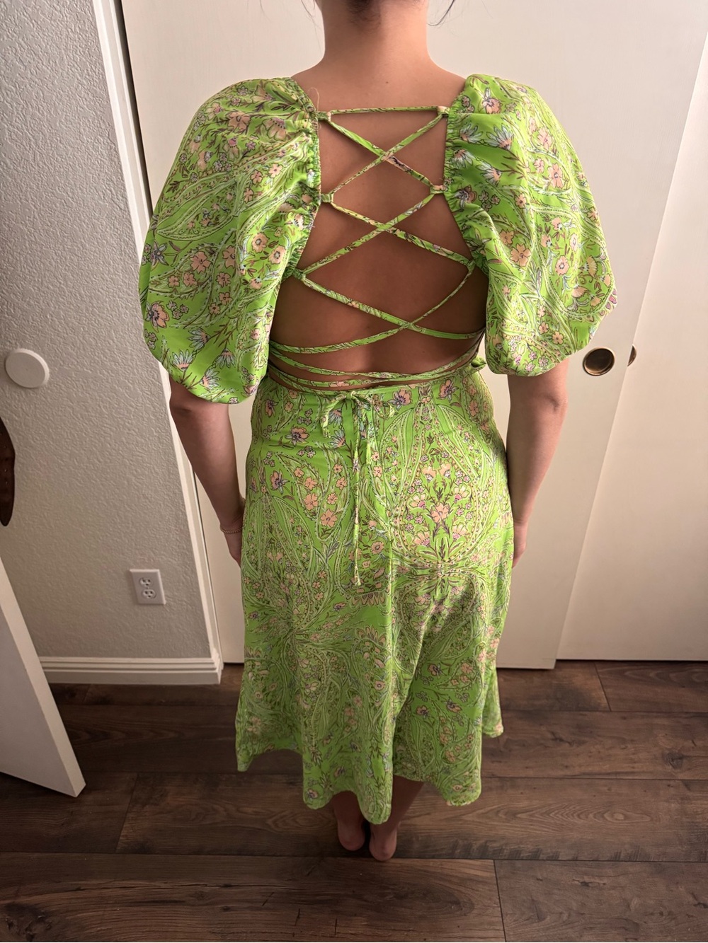 Green Floral Lace-Back Midi Dress
